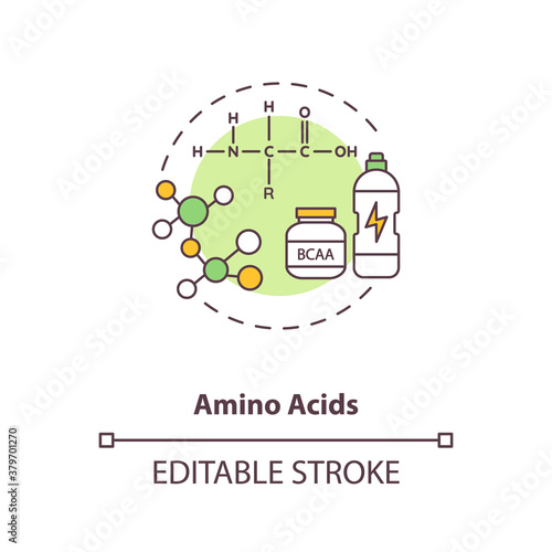 Amino acids concept icon. Energy beverages idea thin line illustration. High amino-acid content. Organic compounds. BCAA supplement. Vector isolated outline RGB color drawing. Editable stroke