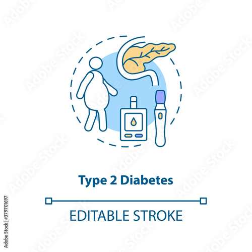 Type 2 diabetes concept icon. Blood sugar spike idea thin line illustration. Insulin resistance. High blood pressure. Insulin relative lack. Vector isolated outline RGB color drawing. Editable stroke