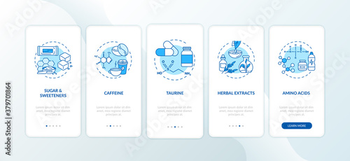 Energetics components onboarding mobile app page screen with concepts. Sugar, amino acids, taurine walkthrough 5 steps graphic instructions. UI vector template with RGB color illustrations