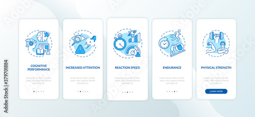 Energy beverages harmful effects onboarding mobile app page screen with concepts. Endurance, cognition walkthrough 5 steps graphic instructions. UI vector template with RGB color illustrations