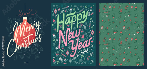 Ornate Merry Christmas  greeting cards. Trendy Winter Holidays art pattern. Vector poster set 
