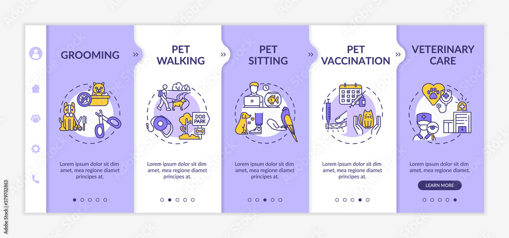 Pet services onboarding vector template. Animal health care center. Grooming salon options Responsive mobile website with icons. Webpage walkthrough step screens. RGB color concept