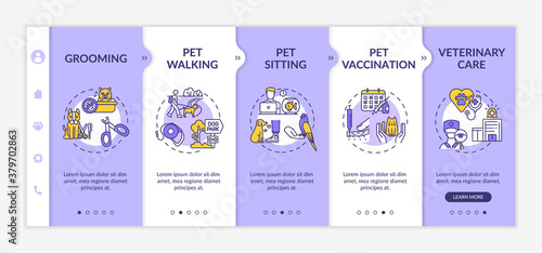 Pet services onboarding vector template. Animal health care center. Grooming salon options Responsive mobile website with icons. Webpage walkthrough step screens. RGB color concept