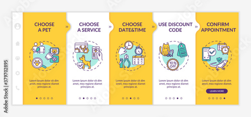 Grooming salon services app onboarding vector template. Choose pet. Adoption center. Confirm appointment. Responsive mobile website with icons. Webpage walkthrough step screens. RGB color concept