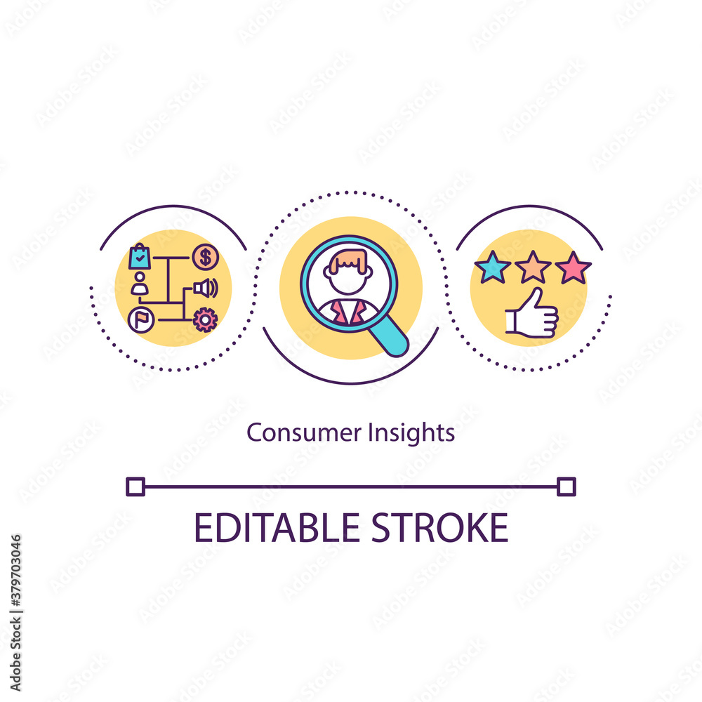 Consumer insights concept icon. Social media and neuromarketing. Business solution. Feedback idea thin line illustration. Vector isolated outline RGB color drawing. Editable stroke