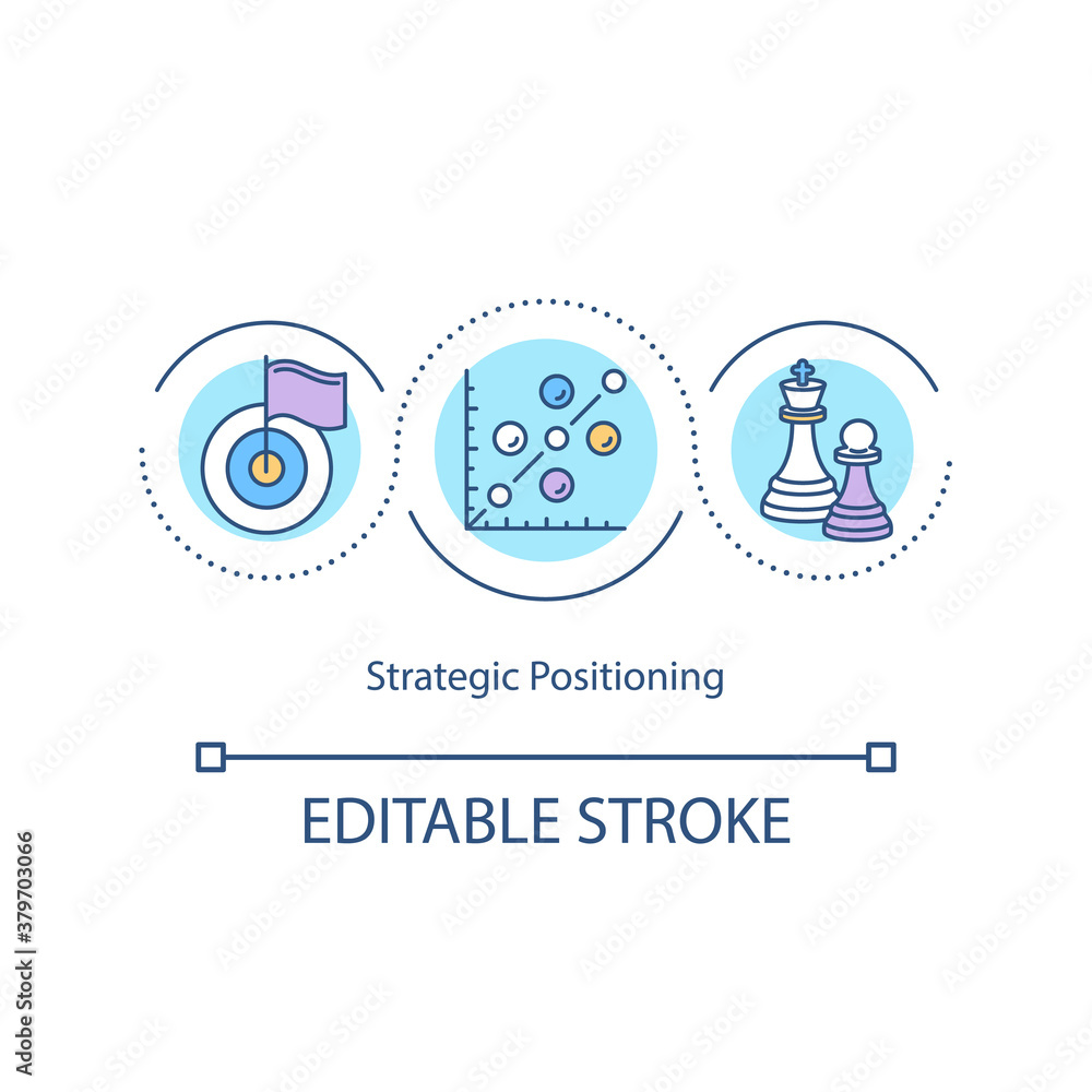 Strategic positioning concept icon. Marketing analysis. Management. Business strategy target idea thin line illustration. Vector isolated outline RGB color drawing. Editable stroke Strategic positioning concept icon. Marketing analysis. Management. Business strategy target idea thin line illustration. Vector isolated outline RGB color drawing. Editable stroke