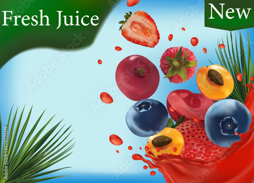 Sweet multi vitamin juice. Splash of juice on fruit. Realistic strawberry, raspberry, blueberry, cherry, apricot. Vector illustration.