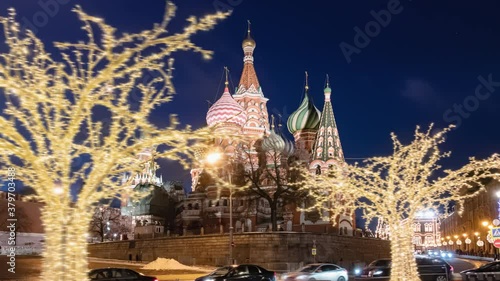 Evening hyper lapse of New Year winter decorated Red Square and Saint Basil's Cathedral (Cathedral of Vasily the Blessed), Moscow, Russia