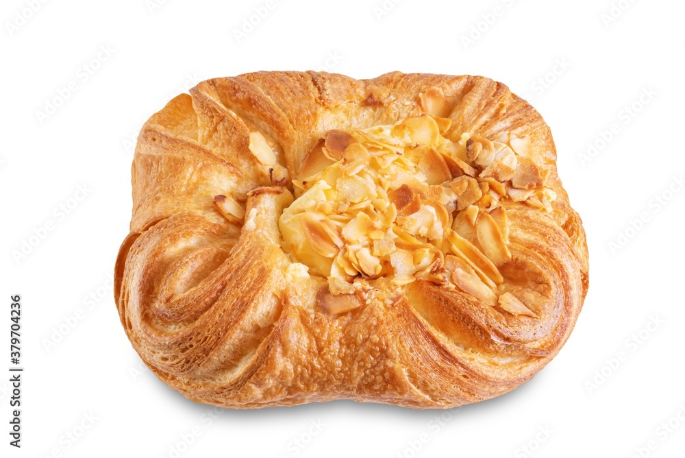 Vanilla cream almonds sweet bun on a white isolated background Vanilla cream almonds sweet bun on a white isolated background