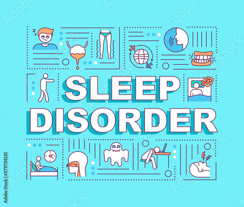 Sleep disorder word concepts banner. Sleeplessness, insomnia causes and symptoms. Infographics with linear icons on turquoise background. Isolated typography. Vector outline RGB color illustration