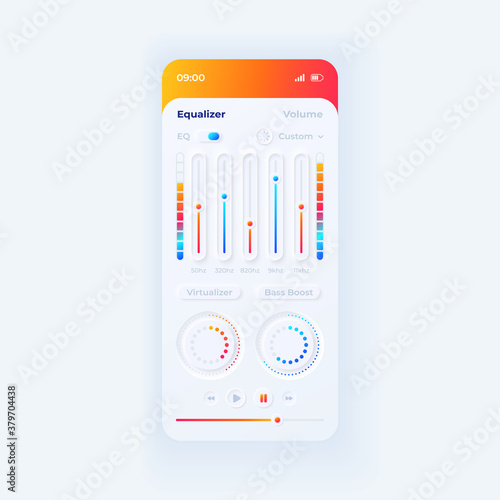 Equalizer smartphone interface vector template. Mobile app page white with orange gradient design layout. Daymode screen. Flat UI for application. Music player Phone display