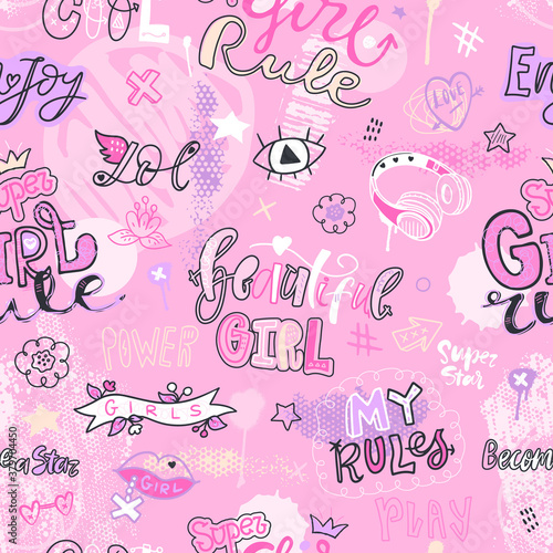 Girly seamless pattern. Pink background with lettering, doodles, abstract elements. Hand drawing, ink textures, splashes. Text: lol, beautiful girl, my rules.