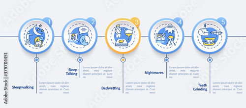 Sleep disorder types vector infographic template. Insomnia symptoms presentation design elements. Data visualization with 5 steps. Process timeline chart. Workflow layout with linear icons © bsd studio