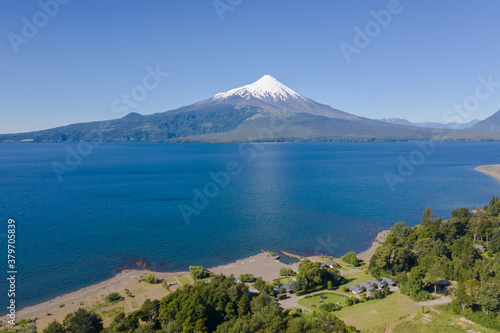Aerial landscape of Osorno Volcano and Llanquihue Lake - Puerto Varas  Chile  South America.