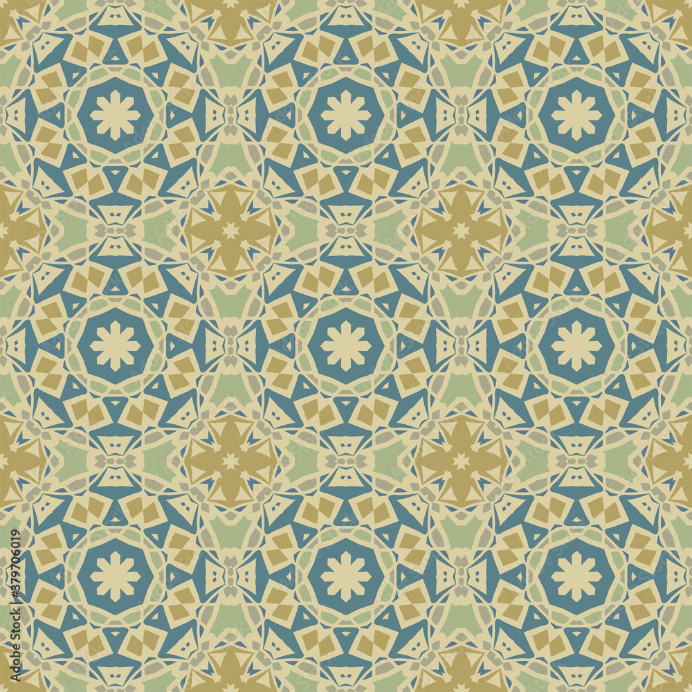 Creative color abstract geometric mandala pattern in gold blue, vector seamless, can be used for printing onto fabric, interior, design, textile, carpet, rug, pillow, tiles. 