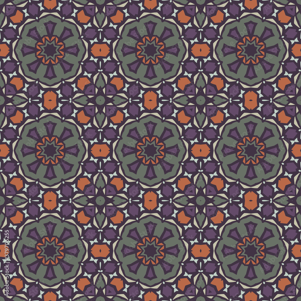 Creative color abstract geometric mandala pattern in violet orange, vector seamless, can be used for printing onto fabric, interior, design, textile, carpet, rug, pillow, tiles. 