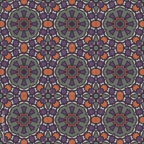 Creative color abstract geometric mandala pattern in violet orange  vector seamless  can be used for printing onto fabric  interior  design  textile  carpet  rug  pillow  tiles. 