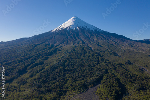 Aerial landscape of Osorno Volcano and Falls of Petrohue - Puerto Varas, Chile, South America.