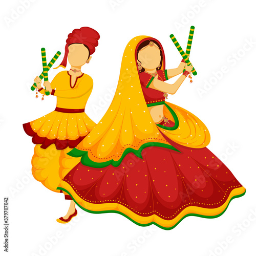 Illustration of beautiful cute couple dancing garba or dandiya dance on the occasion of navratri indian festival celebration.