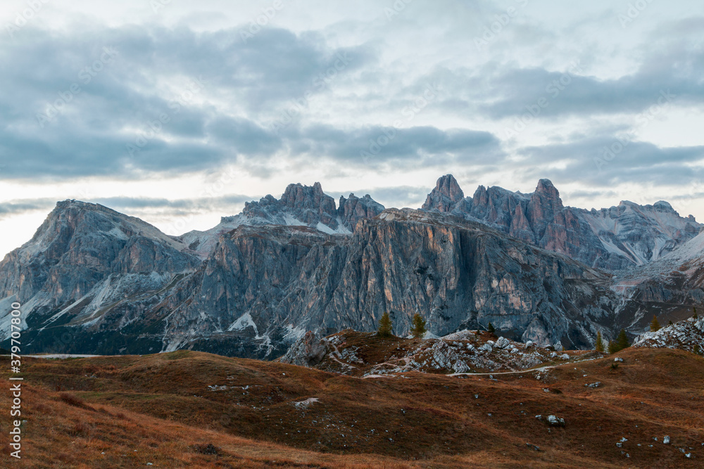 The Cinque Torri Mountains and the Tofana Mountains in the heart of the Dolomites near the famous town of Cortina d'Ampezzo at sunset in South Tyrol