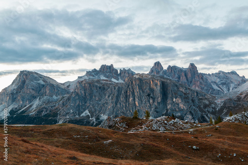 The Cinque Torri Mountains and the Tofana Mountains in the heart of the Dolomites near the famous town of Cortina d'Ampezzo at sunset in South Tyrol