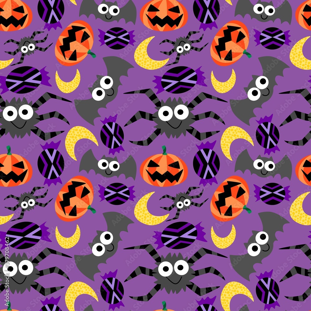 Halloween funny cartoon characters vector seamless pattern. Simple happy spiders, bats, pumpkins, moons and candies on violet background endless texture. One of a series.