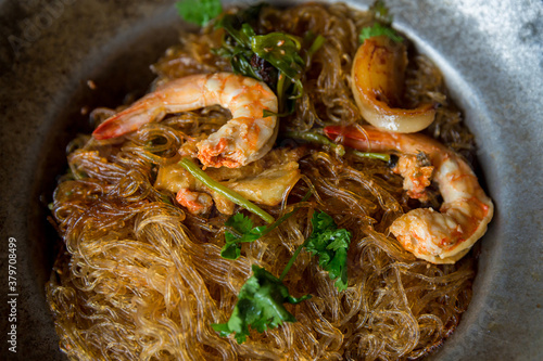 Baked prawn with Glass Noodles and chinese sauce, yummy mixed thai and china cuisine 