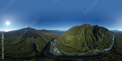 Aerial 360 Pano landscape of Osorno Volcano and Falls of Petrohue - Puerto Varas, Chile, South America.