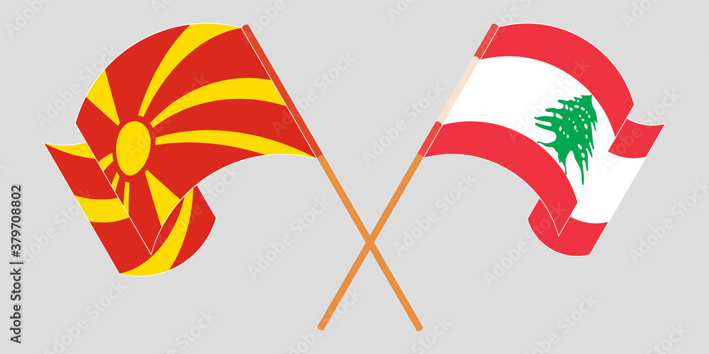 Crossed and waving flags of North Macedonia and Lebanon Crossed and waving flags of North Macedonia and Lebanon