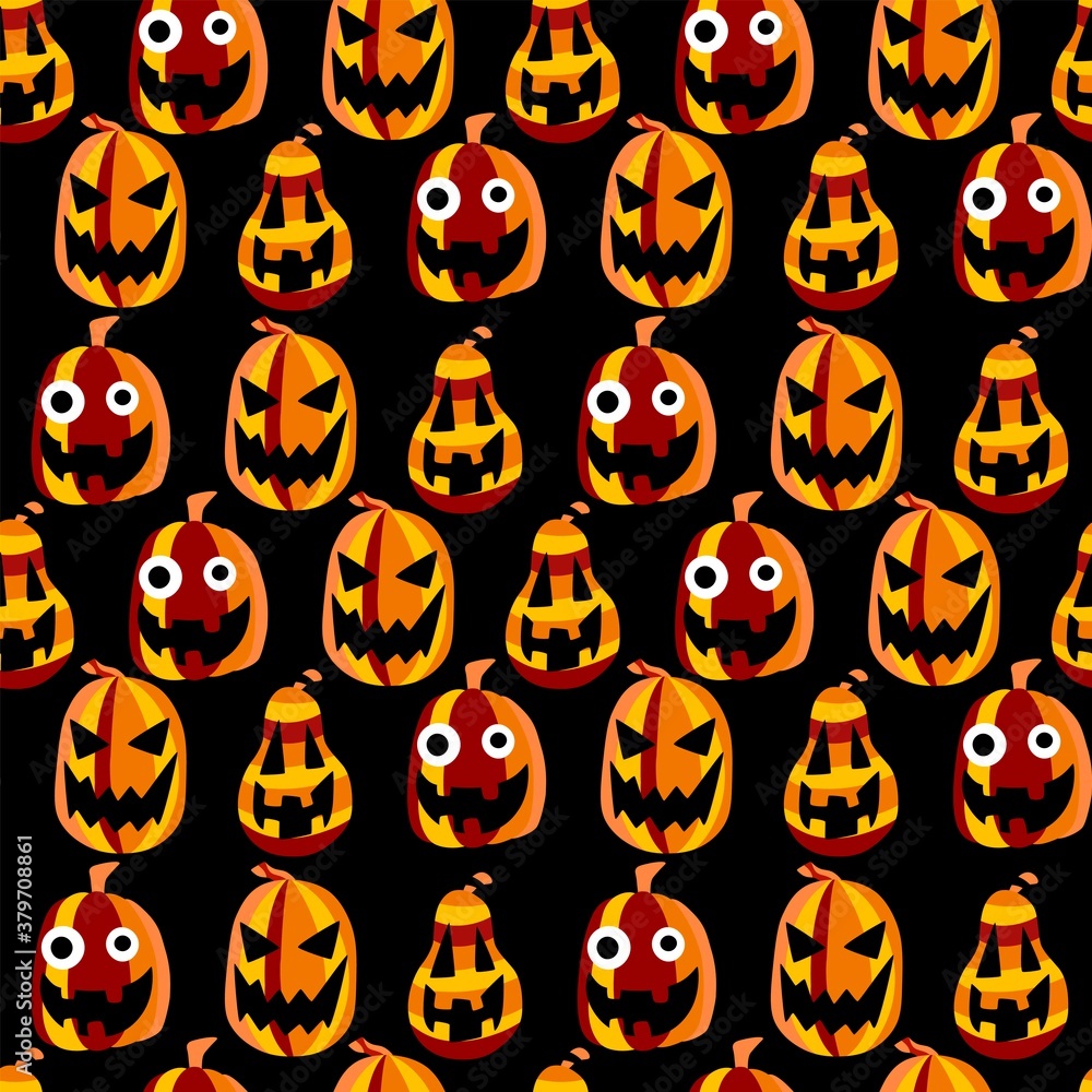 Halloween smiling pumpkins vector seamless pattern. Orange-yellow-red carved pumpkin lanterns on black endless texture. Funny childish colorful cartoon halloween seamless background.