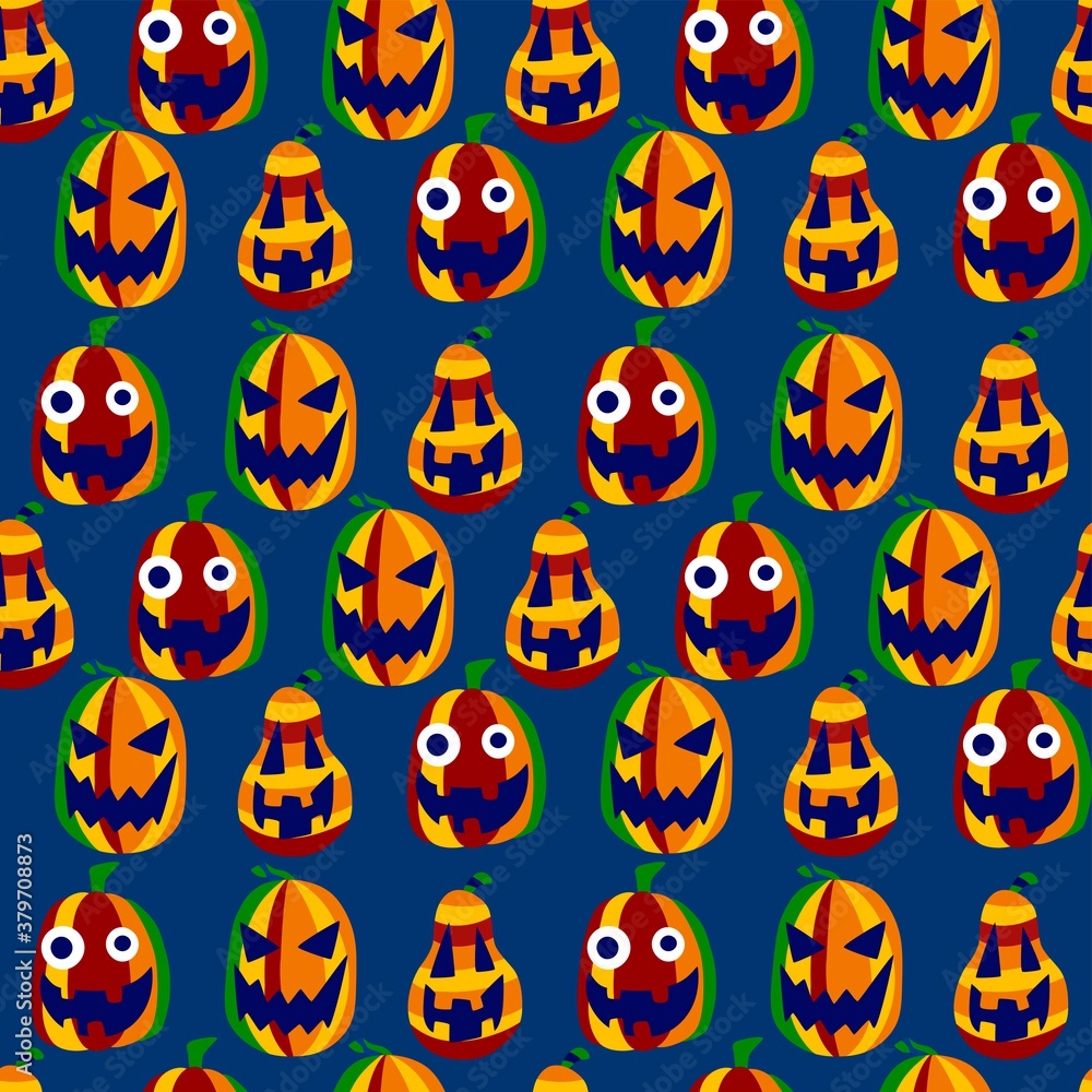 Dark smiled pumpkins on blue vector seamless pattern. Funny, fool and scary carved colorful pumpkins dark halloween square seamless pattern. Three variety pumpkins with face on deep blue Dark smiled pumpkins on blue vector seamless pattern. Funny, fool and scary carved colorful pumpkins dark halloween square seamless pattern. Three variety pumpkins with face on deep blue