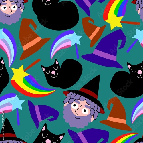 Cartoon childish halloween vector seamless pattern. Funny colorful magic seamless pattern with wizard, black cat, magic wand and witch hat. Fall costume holiday endless texture for wrapping and fabric
