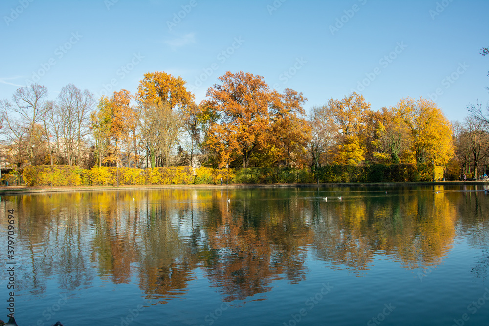 Beautiful autumn trees reflecting on a steel lake in Parma, Italy