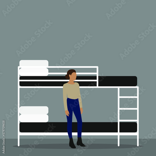 Female character stands near the bunk bed