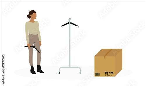 Female character with hanger in hand, floor hanger and closed cardboard box on white background