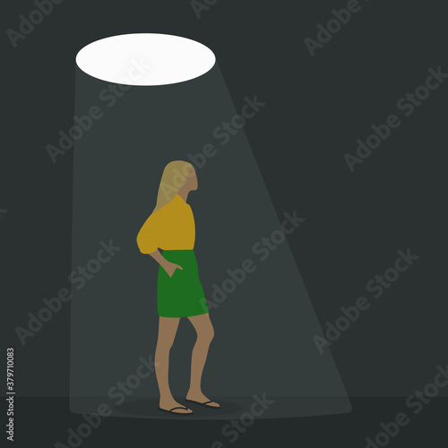 Female character standing in the dungeon under the light from the hatch