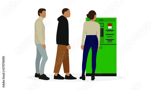 Female and male characters near the ATM on a white background