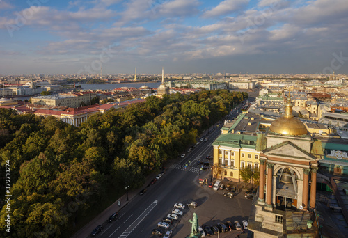 Unique panoramic view from St Isaac cathedral, Saint-Petersburg, Russia, autumn sunset at admiralteisky prospect