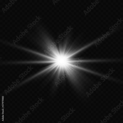  Explosion sun. Star shining. Glow light effect. Vector illustration. White glowing light explodes on a transparent background 