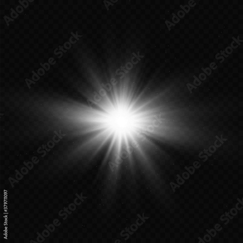  Explosion sun. Star shining. Glow light effect. Vector illustration. White glowing light explodes on a transparent background  