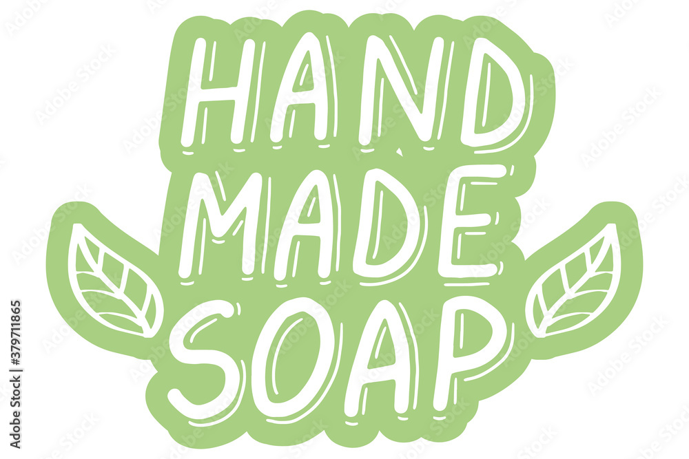 Fototapeta premium Handmade soap logo. Hand made needlework doodle logo, badges, sticker. Lettering calligraphy icon. Lettering calligraphy icon. Vector eps hand drawn brush trendy green sticker with text 