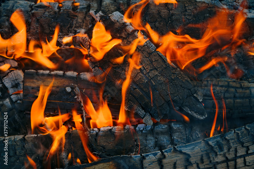 Burning log of wood close-up as abstract background. The hot embers of burning wood log fire.