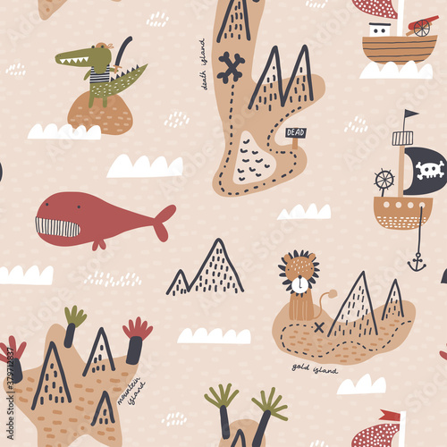 Childish seamless pattern. Sea illustration with islands, waves and pirate ships. Cute texture for fabric, wrapping, textile, wallpaper, apparel. Vector illustration.