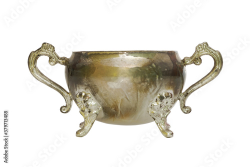 Tableau sur toile Close-up of an isolated tarnished silver silver bowl in white background