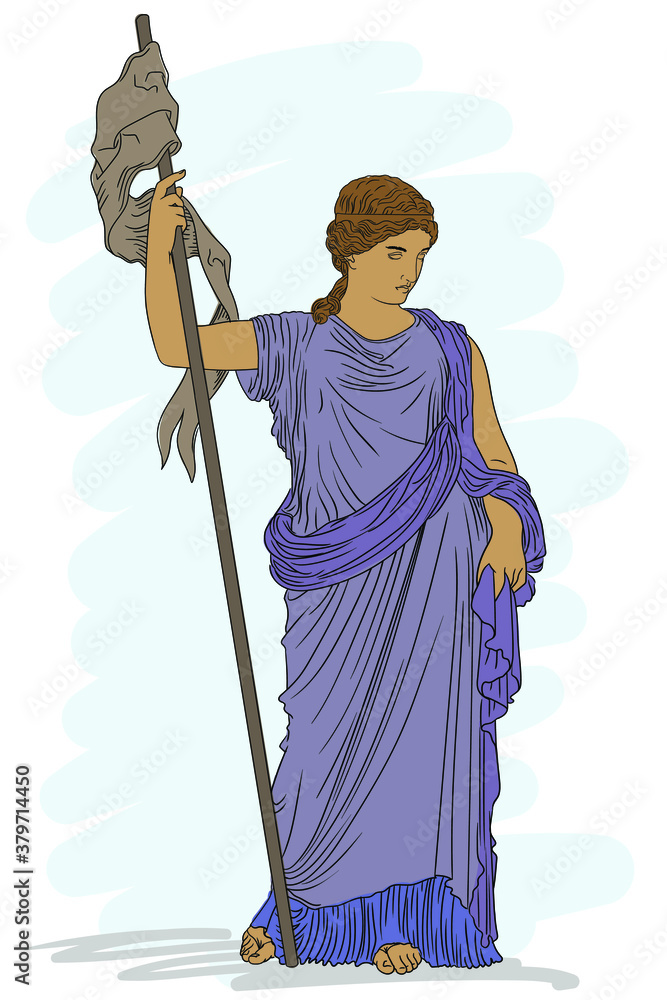 Obraz premium A young slender woman in an ancient Greek tunic with a pennant in her hand.