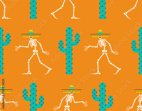 Day of dead in mexico pattern seamless. Skeleton in sombrero background.