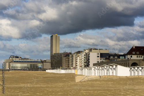 sunset on the bathhouses on the beach of Ostend, Belgium   © hectorchristiaen