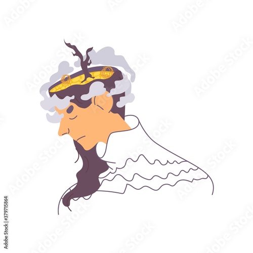Mental problems concept illustration. Sad and depressed female character with desert in her head. Vector human that need psychotherapist help isolated on white