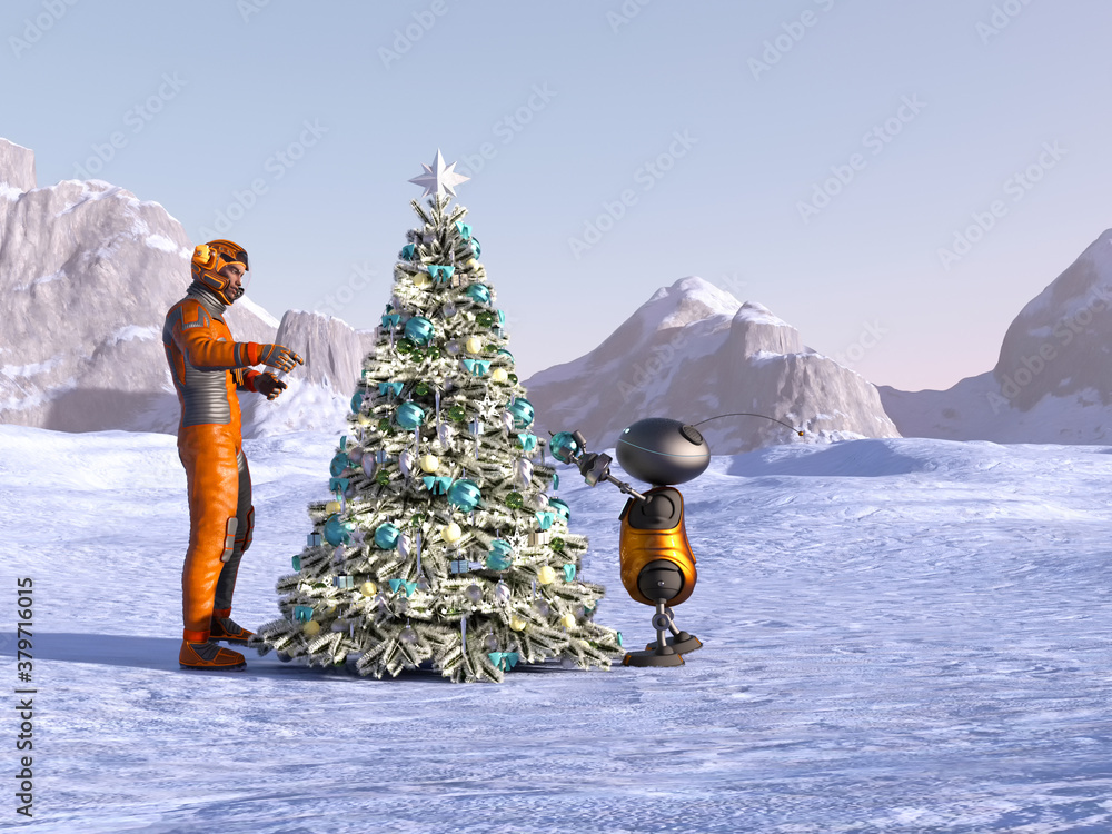 Astronaut and robot decorating Christmas tree on frozen planet covered with  snow. 3D rendering. Stock-illustration | Adobe Stock