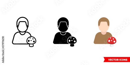 Mushroomer amanita icon of 3 types color, black and white, outline. Isolated vector sign symbol.